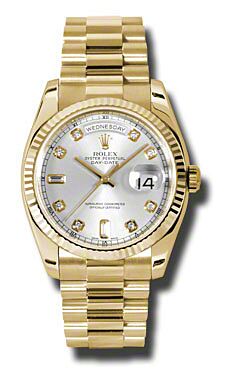 Rolex Pre Owned Day-Date President Yellow Gold Custom Silver Diamond Dial 36mm