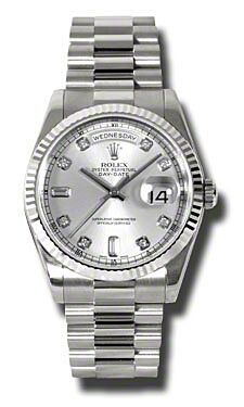 Rolex Pre Owned Day-Date President White Gold Silver Diamond Dial 36mm