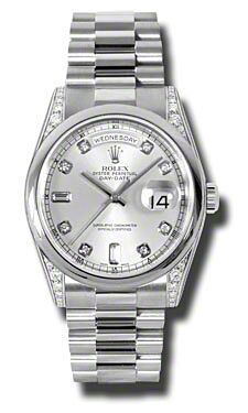 Rolex Pre Owned Day-Date President Platinum Silver Diamond Dial 36mm