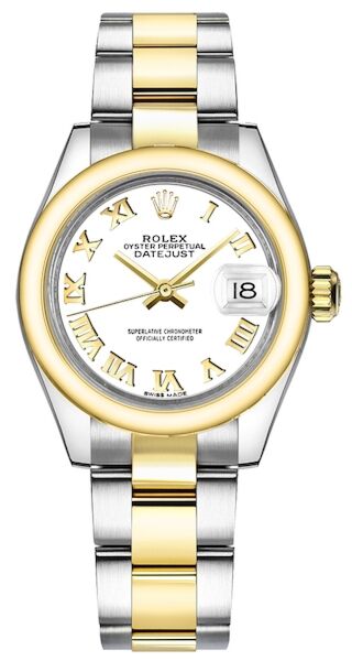 Rolex Datejust 28 Steel and Yellow Gold Smooth Bezel White Roman Dial Oyster Bracelet 28mm