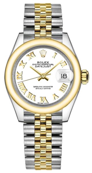 Rolex Datejust 28 Steel and Yellow Gold Smooth Bezel White Roman Dial Jubilee Bracelet 28mm