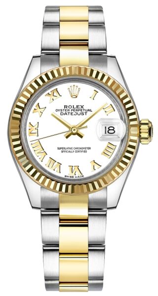Rolex Datejust 28 Steel and Yellow Gold Smooth Bezel White Roman Dial Oyster Bracelet 28mm