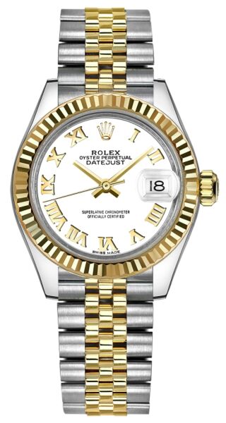 Rolex Datejust 28 Steel and Yellow Gold Fluted Bezel White Roman Dial Jubilee Bracelet 28mm