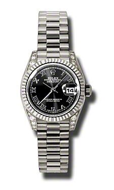 Rolex Pre Owned Datejust White Gold Black Roman Dial 26mm