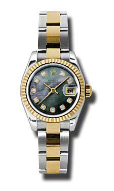 Rolex Pre Owned Datejust Steel and Yellow Gold Custom Dark Mother of Pearl Diamond Dial on Oyster 26mm