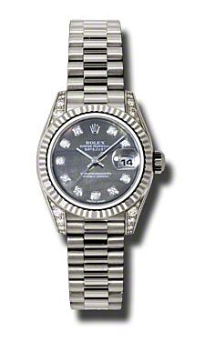 Rolex Pre Owned Datejust White Gold Dark Mother of Pearl Diamond Dial 26mm