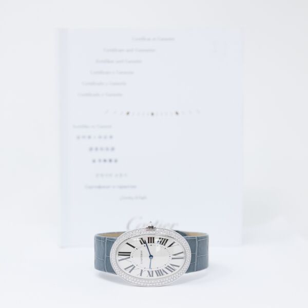 Cartier Pre-Owned Baignoire 18K White Gold White Roman Dial Diamond Bezel on Leather Strap [COMPLETE SET]