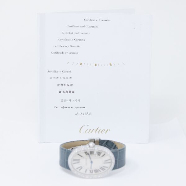Cartier Pre-Owned Baignoire 18K White Gold White Roman Dial Diamond Bezel on Leather Strap [COMPLETE SET]